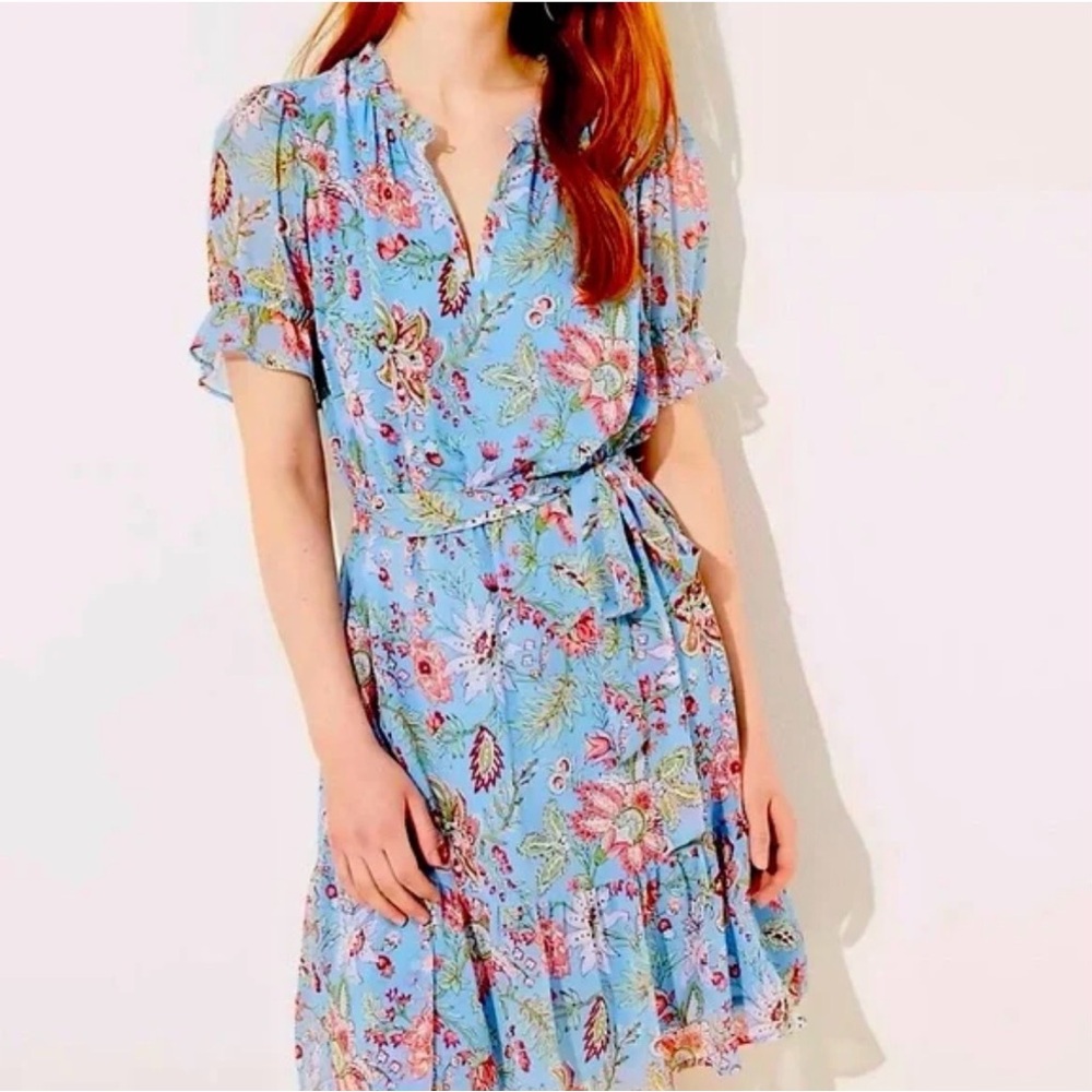 LOFT Garden Tie Waist Flounce dress